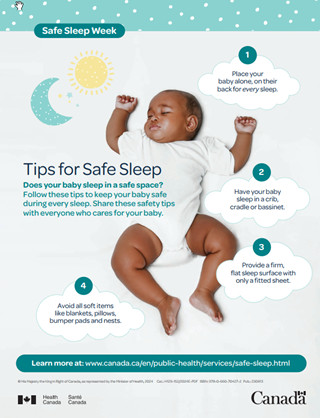 A poster showing 4 safe sleep tips for babies. Image shows a sleeping baby on their back.