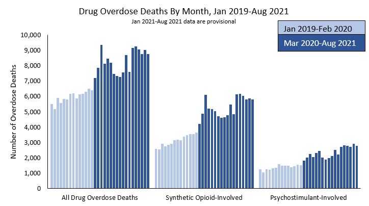 Figure 1. Graph showing drug overdose deaths by month, January 2019 to August 2021 