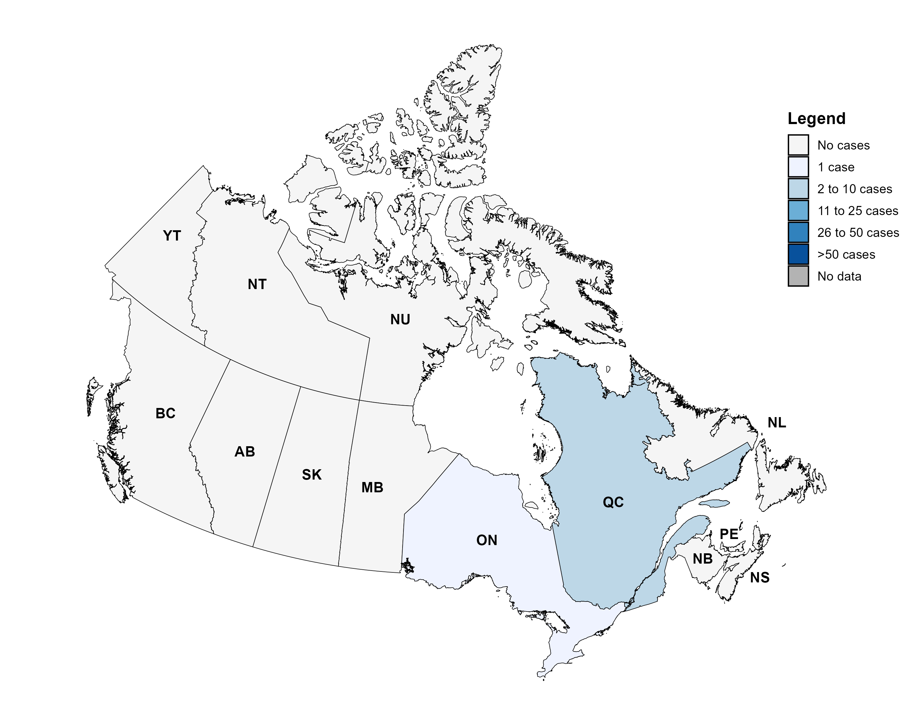 Figure 1. Geographic distribution of measles cases by province/territory, 2025 - Text version below.