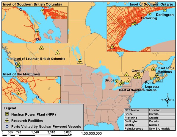 Figure 2.3 Canadian nuclear facilities and ports visited by nuclear powered vessels shows the location of Canadian nuclear power plants, research facilities and ports visited by nuclear powered vessels.