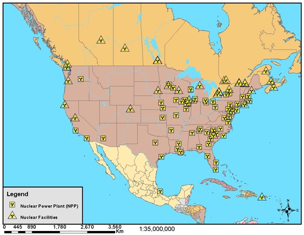 Figure 2.5 shows the rough location of nuclear power plants and facilities in North America.