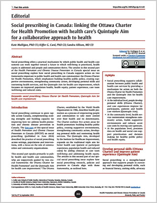 Editorial – Social prescribing in Canada: linking the Ottawa Charter for Health Promotion with health care’s Quintuple Aim for a collaborative approach to health