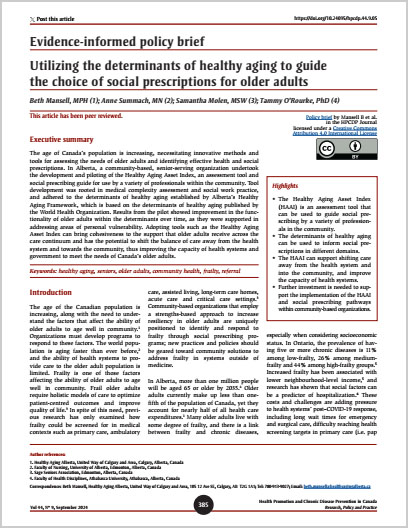 Evidence-informed policy brief – Utilizing the determinants of healthy aging to guide the choice of social prescriptions for older adults