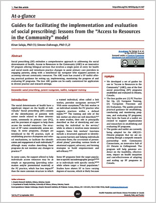 At-a-glance – Guides for facilitating the implementation and evaluation of social prescribing: lessons from the “Access to Resources in the Community” model