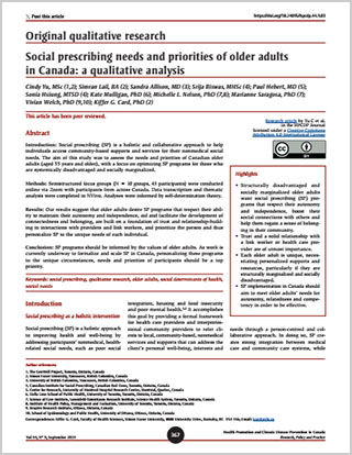Original qualitative research – Social prescribing needs and priorities of older adults in Canada: a qualitative analysis