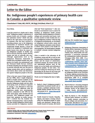 Letter to the Editor – Re: Indigenous people’s experiences of primary health care in Canada: a qualitative systematic review