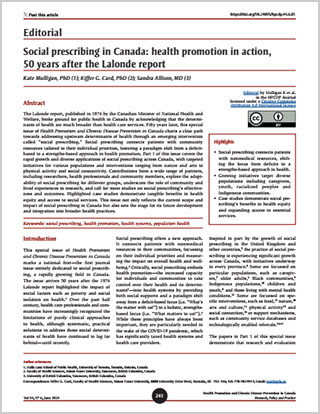 Editorial – Social prescribing in Canada: health promotion in action, 50 years after the Lalonde report