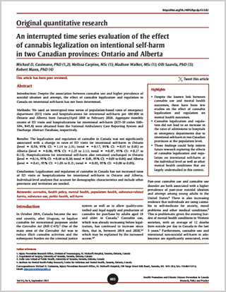 Original quantitative research – An interrupted time series evaluation of the effect of cannabis legalization on intentional self-harm in two Canadian provinces: Ontario and Alberta
