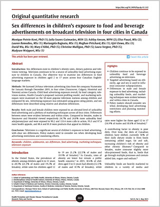 Original quantitative research – Sex differences in children’s exposure to food and beverage advertisements on broadcast television in four cities in Canada