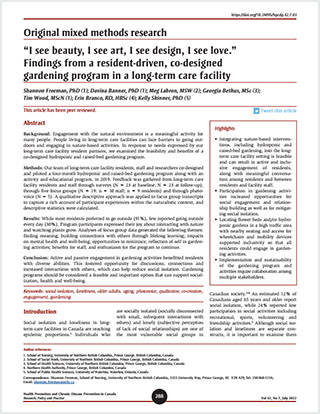 Original mixed methods research – “I see beauty, I see art, I see design, I see love.” Findings from a resident-driven, co-designed gardening program in a long-term care facility