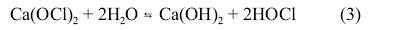 The chemical equation showing how calcium hypochlorite dissociates in water.