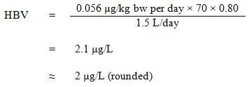 The equation used for calculating the health based value (HBV) for total microcystins.