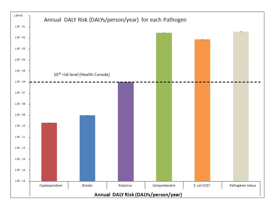 A bar graph showing the estimated annual burden of illness resulting from the consumption of river water treated using conventional filtration with disinfection. The burden of illness is shown in DALYs per person per year for each of Cryptosporidium, Giardia, rotavirus, Campylobacter, E. coli O157:H7 and the total DALYs for these pathogens combined.