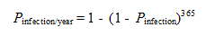 The equation used to calculate the probability of infection per year.