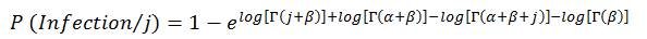 P(open bracket) infection divided by j (close bracket) is equal to  1 minus base e raised to the exponent log of(open square bracket) Gamma multiplied by (open bracket) j plus β (close bracket) (close square bracket) plus the log (open square bracket)Gamma (open bracket) alpha plus Beta (close bracket)(close square bracket) minus the log of (open square bracket) Gamma  (open bracket) alpha plus Beta plus j (close bracket) (close square bracket) minus the log (open square bracket)Gamma multiplied by Beta(close square bracket).