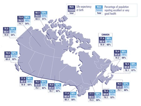 Figure 1 Life Expectancy at Birth and Percentage of Population, Age 12+, Reporting Excellent or Very Good Health, by Sex and Province/Territory, Canada, 2003