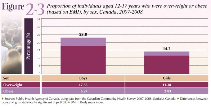 Figure2-3: Proportion of individuals aged 12-17 years who were overweight or obese (based on BMI), by sex, Canada, 2007-2008