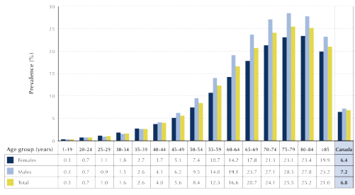 Figure 1-1. Prevalence of diagnosed diabetes among individuals aged one year and older, by age group and sex, Canada, 2008/09