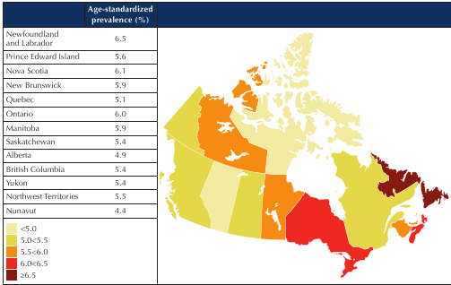 Figure 1-2. Age-standardized prevalence of diagnosed diabetes among individuals aged one year and older, by province/territory, Canada, 2008/09