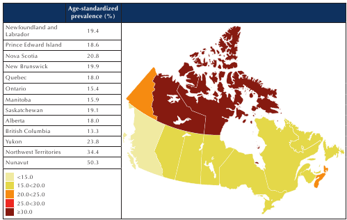Figure 4-10. Age-standardized prevalence of self-reported daily tobacco smoking among individuals aged 18 years and older, by province/territory, Canada, 2009–2010