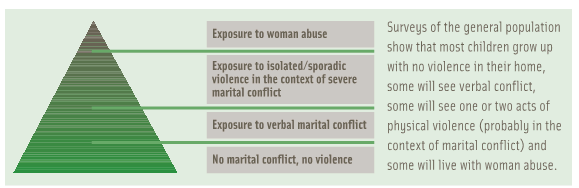 Surveys of the general population show that most children grow up with no violence in their home, some will see verbal conflict, some will see one or two acts of physical violence (probably in the context of marital conflict) and some will live with woman abuse.
