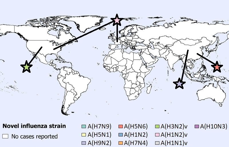 Figure 1: Spatial distribution of human cases of avian and swine influenza reported globally in September 2021 (n=11)