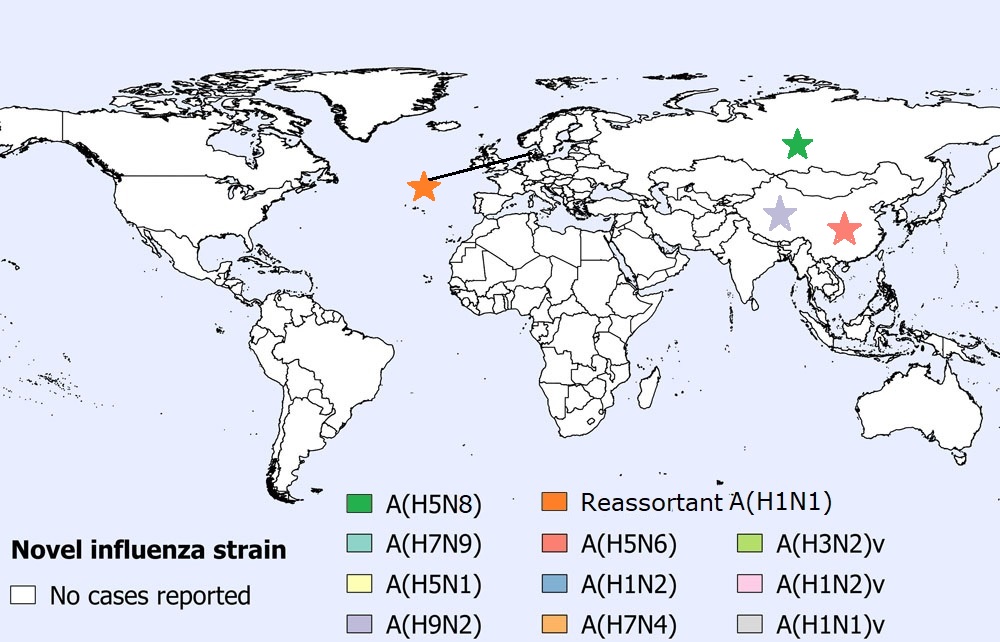 A figure indicating the spatial distribution of human cases of avian and swine influenza reported globally in February 2021 (n=13)
