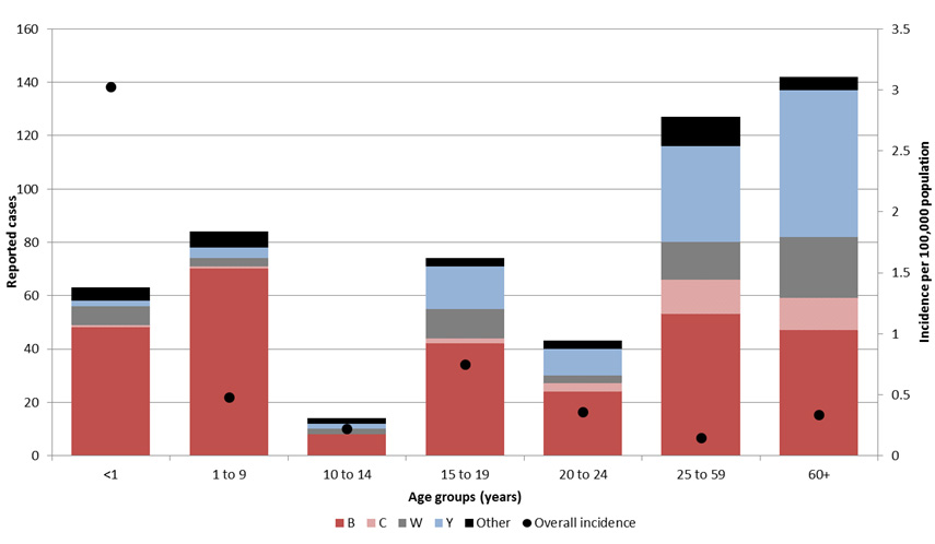 Figure&nbsp;2: Invasive meningococcal disease cases in Canada by serogroup and age and overall incidence by age group, 2013–2017 (n=548)