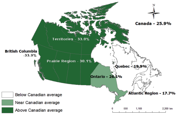 Percentage of mothers who exclusive breastfed for six months (or more) by region, Canada, 2009-2010