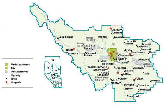 Map of Calgary Health Region, Alberta, showing the city of Calgary and a range of towns and rural areas.