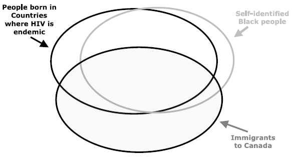 Figure 13-1 : Overlapping populations – people who were born in countries where HIV is endemic, persons who self-identify as Black, and persons who immigrate to Canada