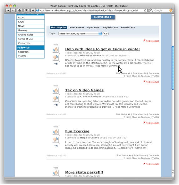 Idea Forum Page: Youth Ideas Section