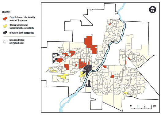 FIGURE 8 Materially deprived areas with poor supermarket accessibility and poor food balance, Saskatoon, Saskatchewan