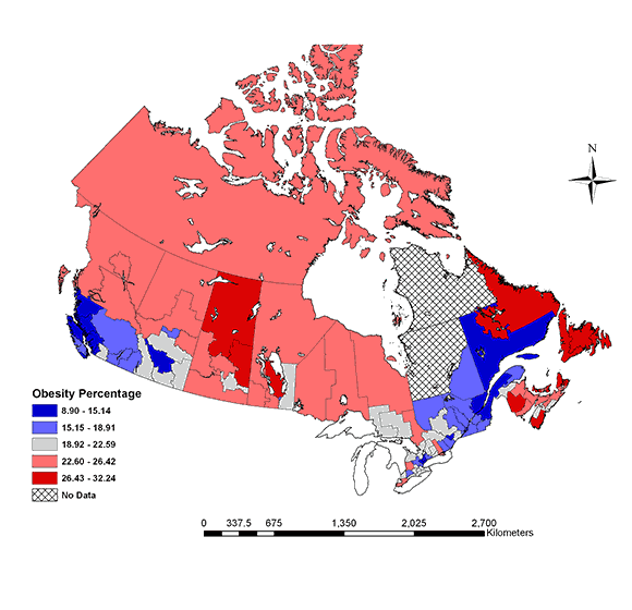 Adult obesity (BMI >= 30) prevalence by health region, age and sex standardized to the 2005 Canadian population (25-64 years), Canadian Community Health Survey, 2005
