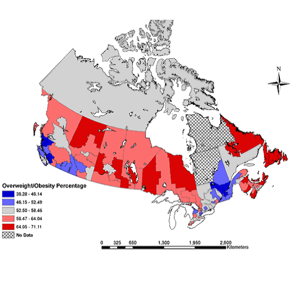 Adult overweight/obesity (BMI >= 25) prevalence by health region, age and sex standardized to the 2005 Canadian population (25-64 years), Canadian Community Health Survey, 2005