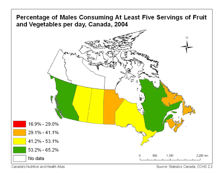 Map of Consumption of At Least 5 Servings of Fruit and Vegetables in Canada (males)