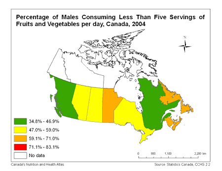 Map of Consumption of Less Than 5 Servings of Fruit and Vegetables in Canada (males)