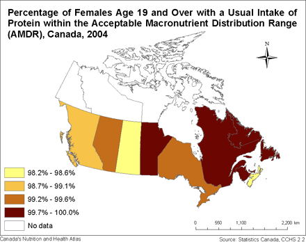 Percentage of Females Age 19 and Over with a Usual Intake of Protein within the Acceptable Macronutrient Distribution Range, Canada (2004)