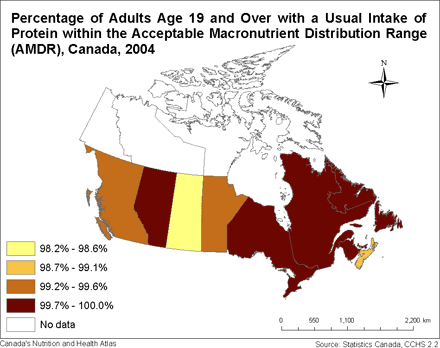 Percentage of Adults Age 19 and Over with a Usual Intake of within the Acceptable Macronutrient Distribution Range, Canada (2004)