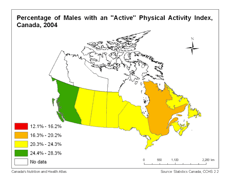 Map of "Active" Physical Activity Index in Canada (males)