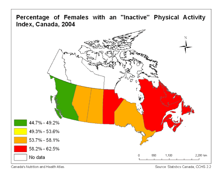 Map of Inactive Physical Activity Index in Canada (females)