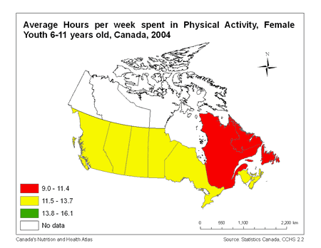 Map of Average Physically Active Hours Per Week for 6-11 Year Olds in Canada (females)