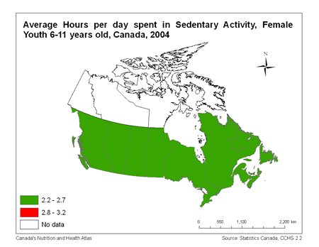 Map of Average Sedentary Hours Per Day for 6-11 Year Olds in Canada (females)