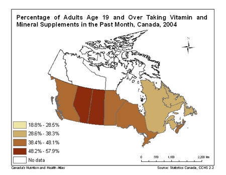 Map of Past Month Consumption of Vitamin and Mineral Supplements in Adults in Canada (both males and females)