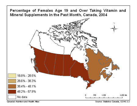 Map of Past Month Consumption of Vitamin and Mineral Supplements in Adults in Canada (females)