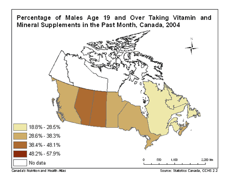 Map of Past Month Consumption of Vitamin and Mineral Supplements in Adults in Canada (males)