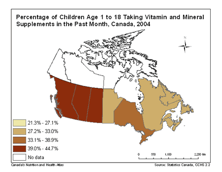 Map of Past Month Consumption of Vitamin and Mineral Supplements in Children in Canada (both males and females)