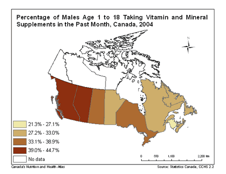 Map of Past Month Consumption of Vitamin and Mineral Supplements in Children in Canada (males)