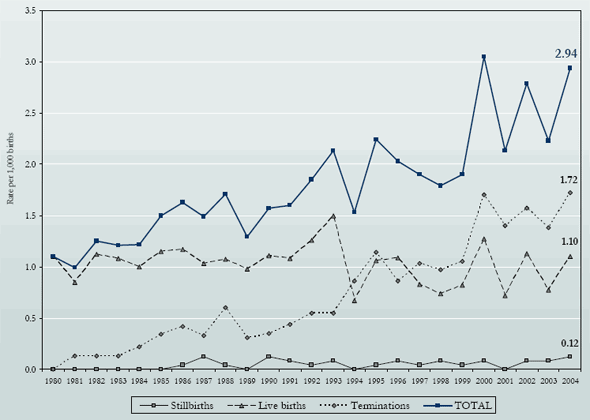 Figure 1 Down syndrome live births, stillbirths, and fetuses from terminated pregnancies per 1,000 births in Western Australia 1980-2004