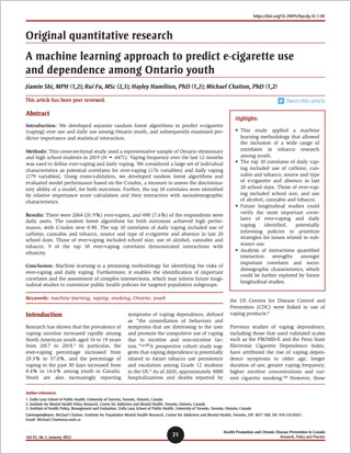 Original quantitative research – A machine learning approach to predict e-cigarette use and dependence among Ontario youth